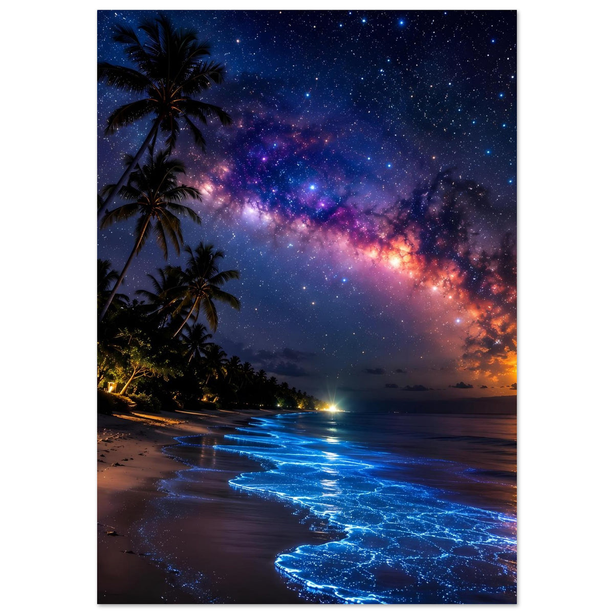 Poster Hochformat: Palmen am Ufer, violett-rosa Milchstraße über dem Meer, blaue Flutwellen