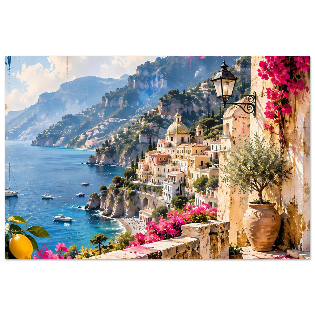 Poster mit Blick auf die Küste, Bougainvillea-Blüten und Laterne über dem Balkon