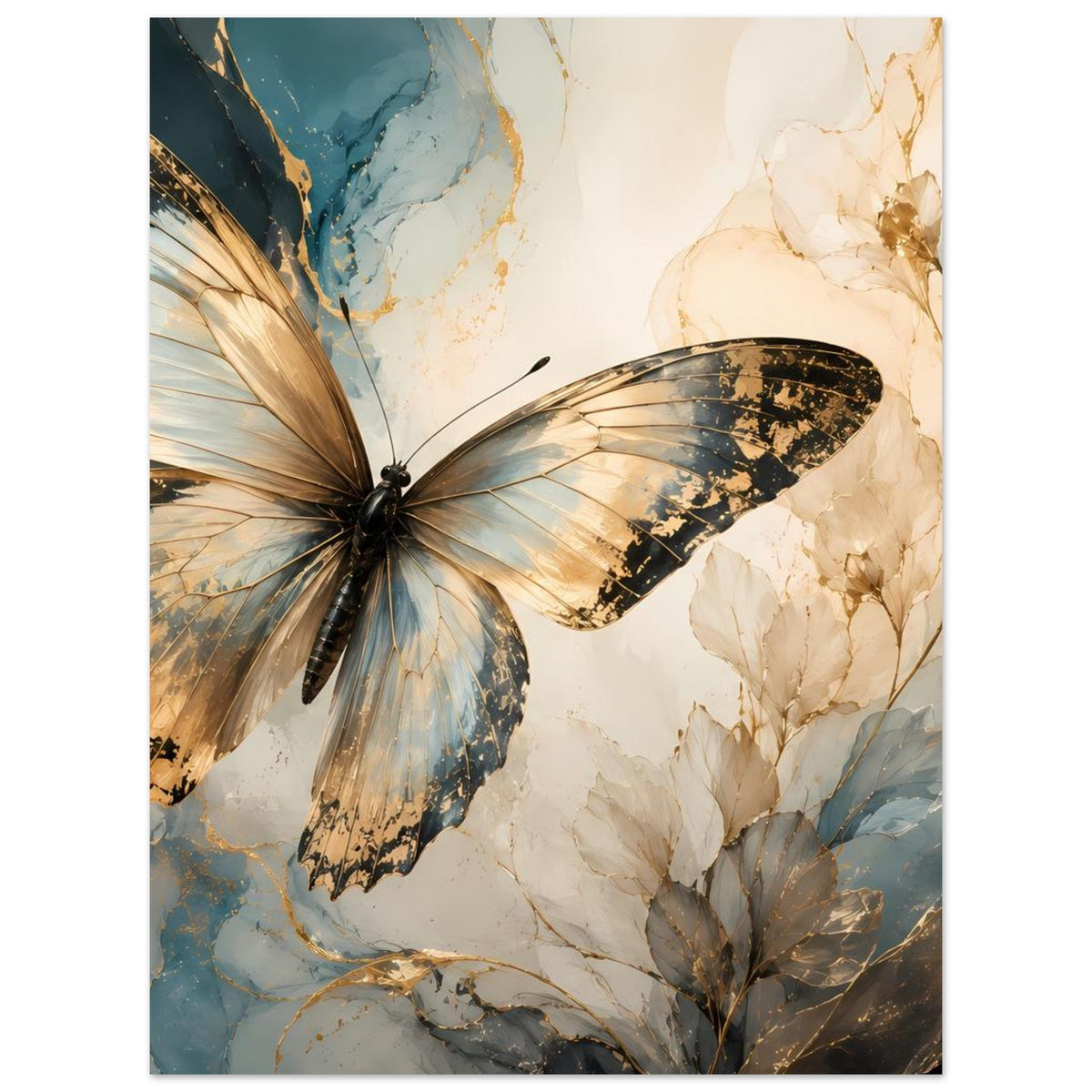 Kunstposter mit großem Schmetterling in Blau und Gold sowie beigen Blütenblättern