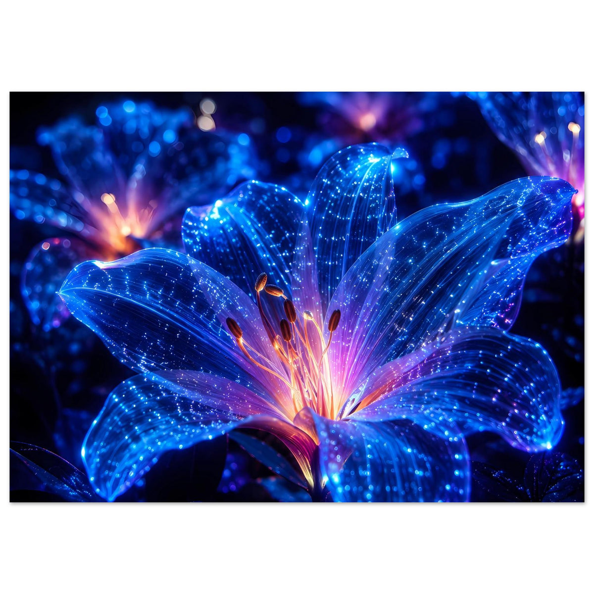 Leuchtendes Blumenposter mit blau schimmernden Blütenblättern und warmem Lichtkern