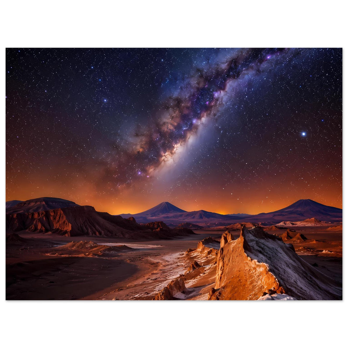 Poster mit Nachtsternhimmel, Milchstraße über Tal und beleuchteten Felsen am Rand der Wüste