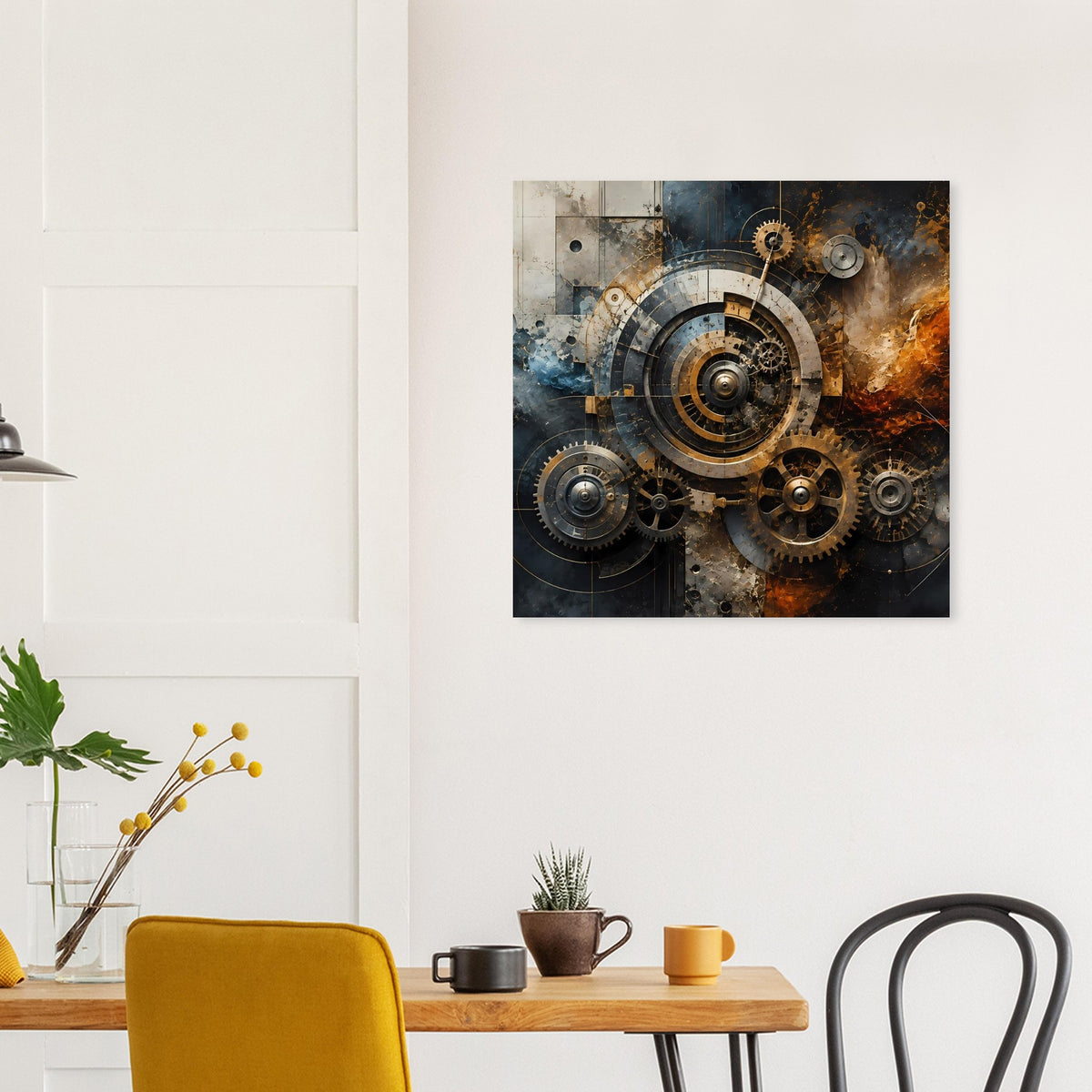 Steampunk-Poster mit Zahnrädern, zentralem Getriebe und warmen Metall- und Blauschattierungen