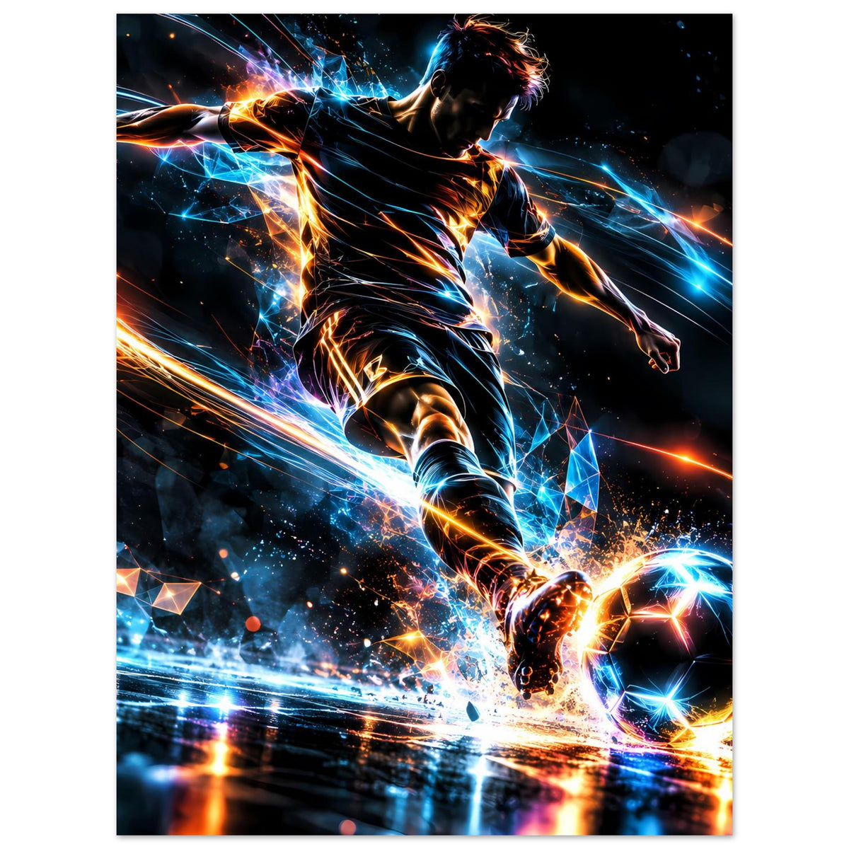 Neon-Fußballposter mit sprintendem Spieler, Energie-Lichtlinien und blauem Ball