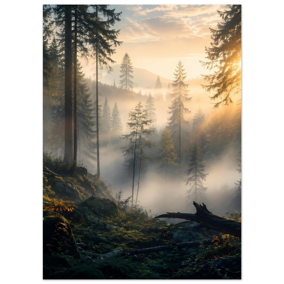 Wandposter Wald bei Sonnenaufgang, hohe Kiefern und Nebel, warmes Licht im Himmel, vertikal