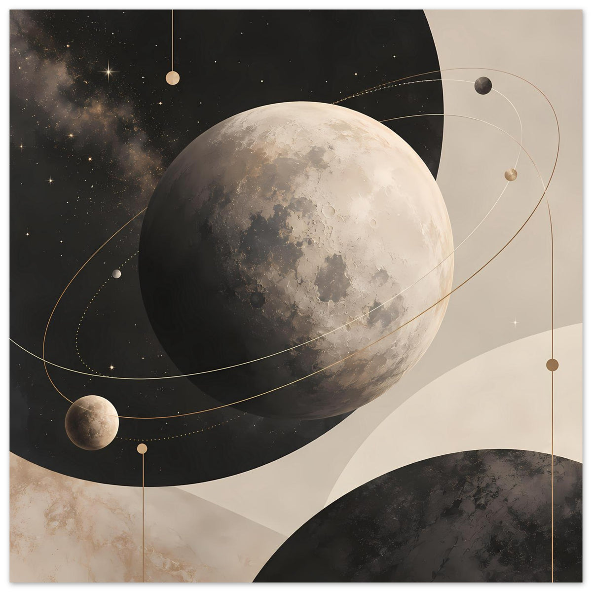 Poster mit großem Mond, Planeten und Sternen, abstrakte Bahnen in Erdtönen