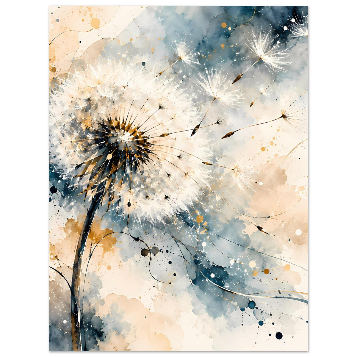 Vertikales Kunstposter mit großer Pusteblume im Vordergrund, Blau- und Goldtöne