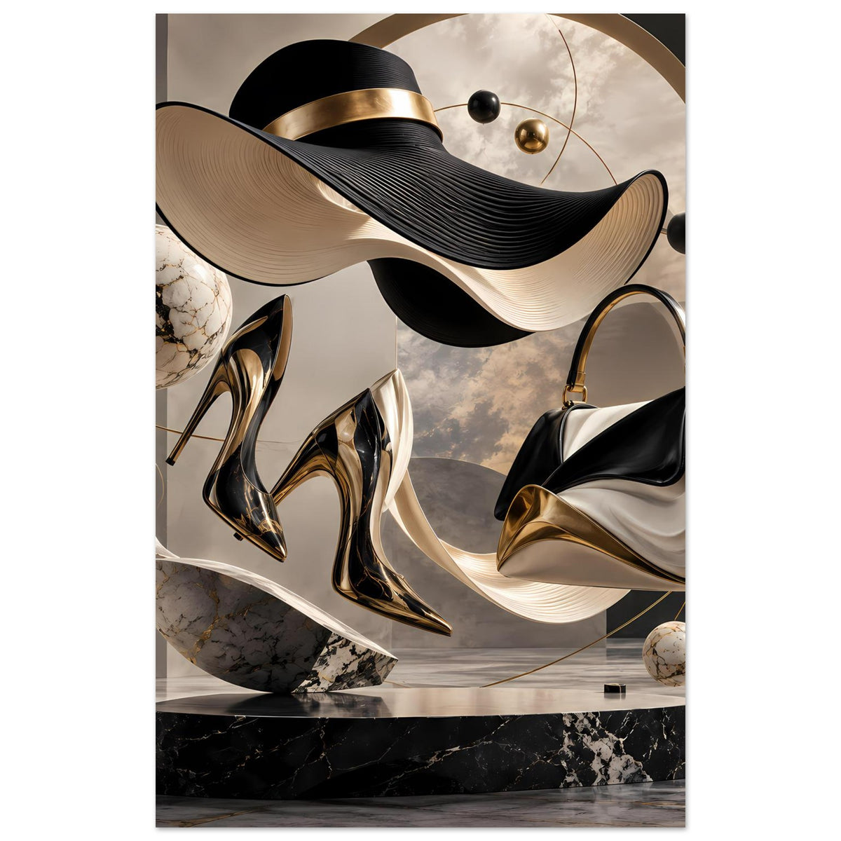 Modekunst-Poster, Ausschnitt mit Hut und goldenen Schuhen in Schwarz/Gold