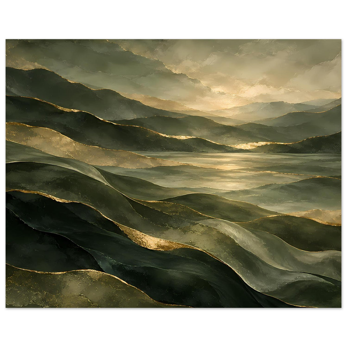 Landschaftsposter mit grünen Hügellinien und goldenen Lichtreflexen, panoramaartiger Aufbau