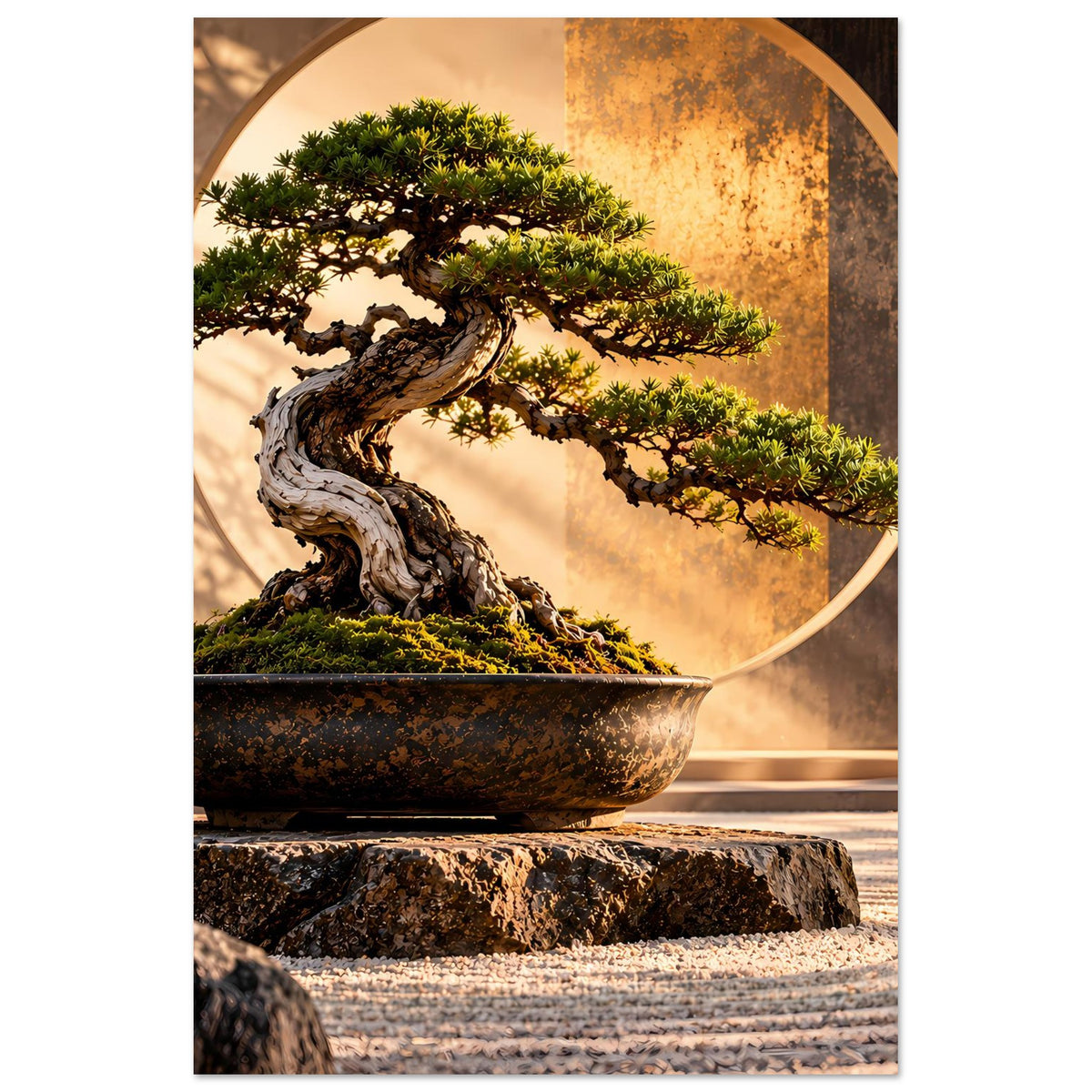 Hochkant-Poster mit Bonsai in Schale, Moosbasis und goldener Kreisform im Hintergrund