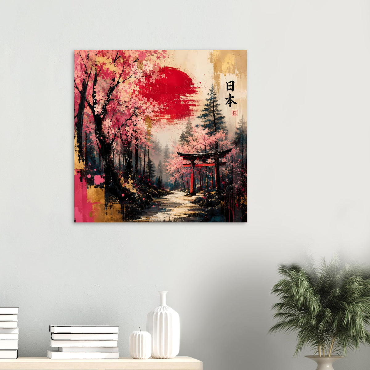 Quadratisches Poster: Kirschblütenlandschaft, Torii und japanische Schrift vor Waldweg