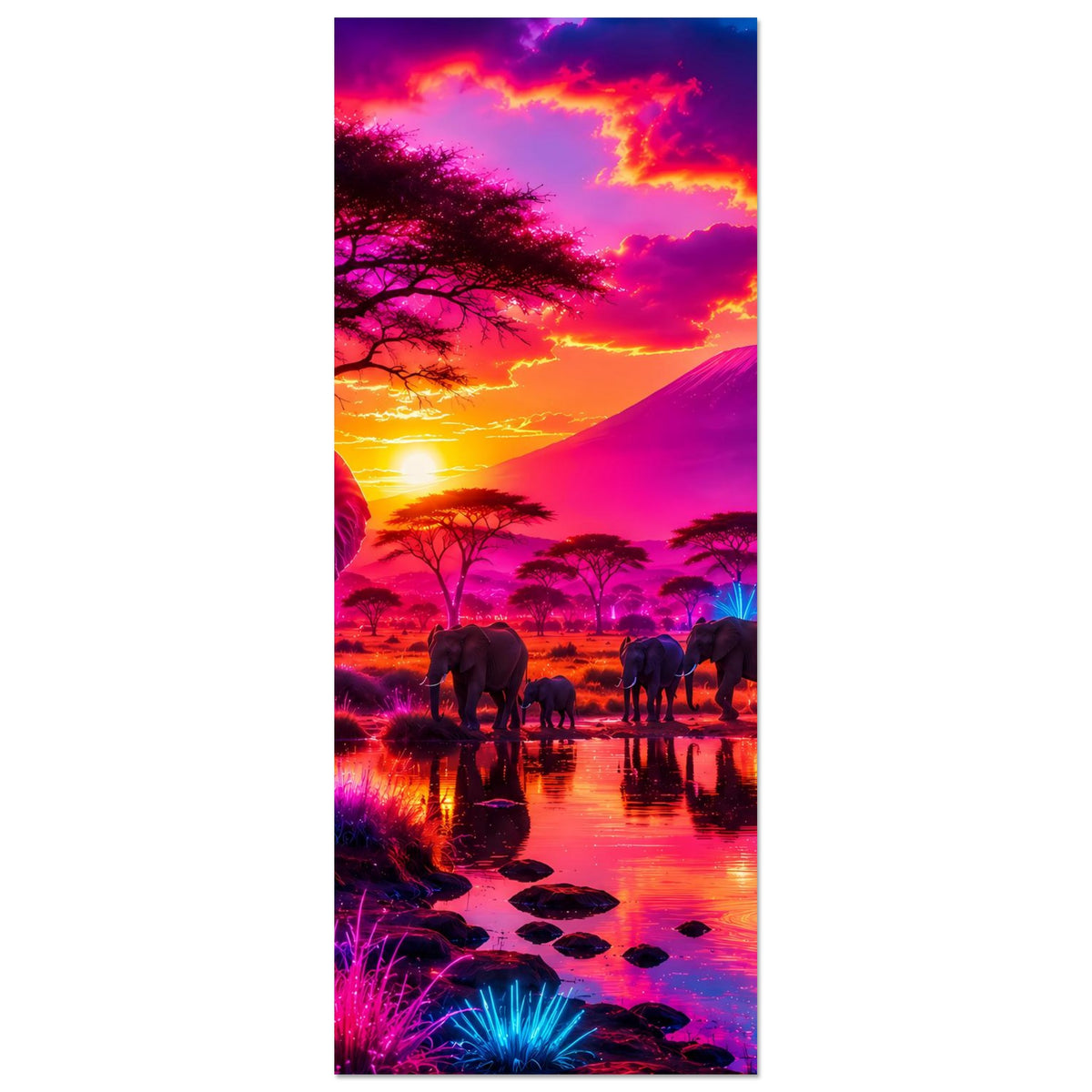 Vertikales Poster mit Giraffe rechts, Elefanten links und Zebras an einer Wasserstelle