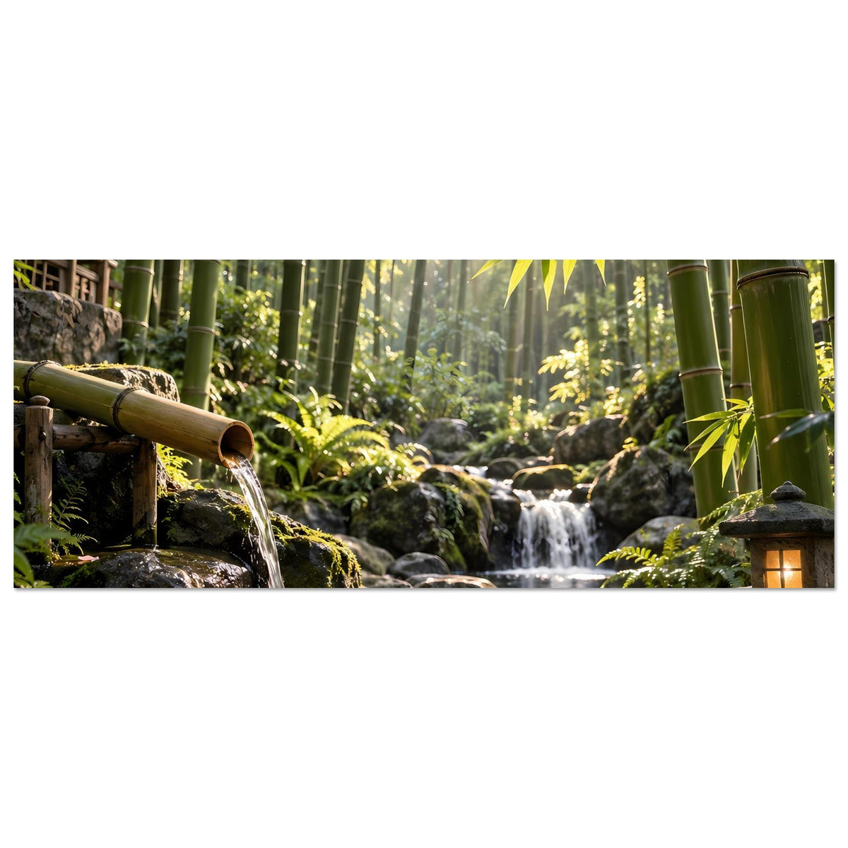 Wandposter: Horizontaler Blick auf Bambuswald, Wasserfall über Felsen und Bachlauf