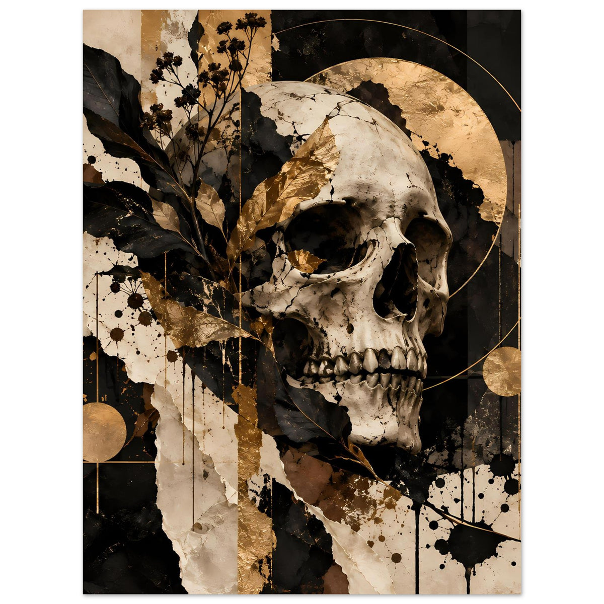 Kunstposter Totenschädel in Schwarz und Gold, mit Ornamenten, Kreisen und Spritzdekor