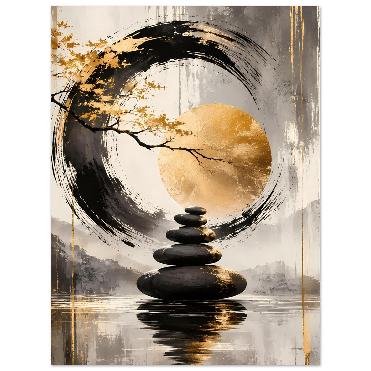 Zen-Artposter mit abstraktem Kreismotiv, schwarzem Steinstapel, goldenen Akzenten und Baumzweigen