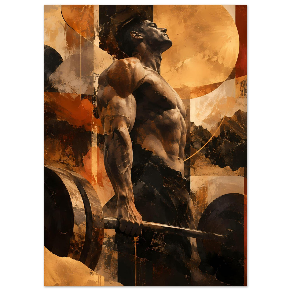 Fitness-Artposter mit aufgemaltem Hund am Hantelgriff, warmen Erdtönen, vertikal