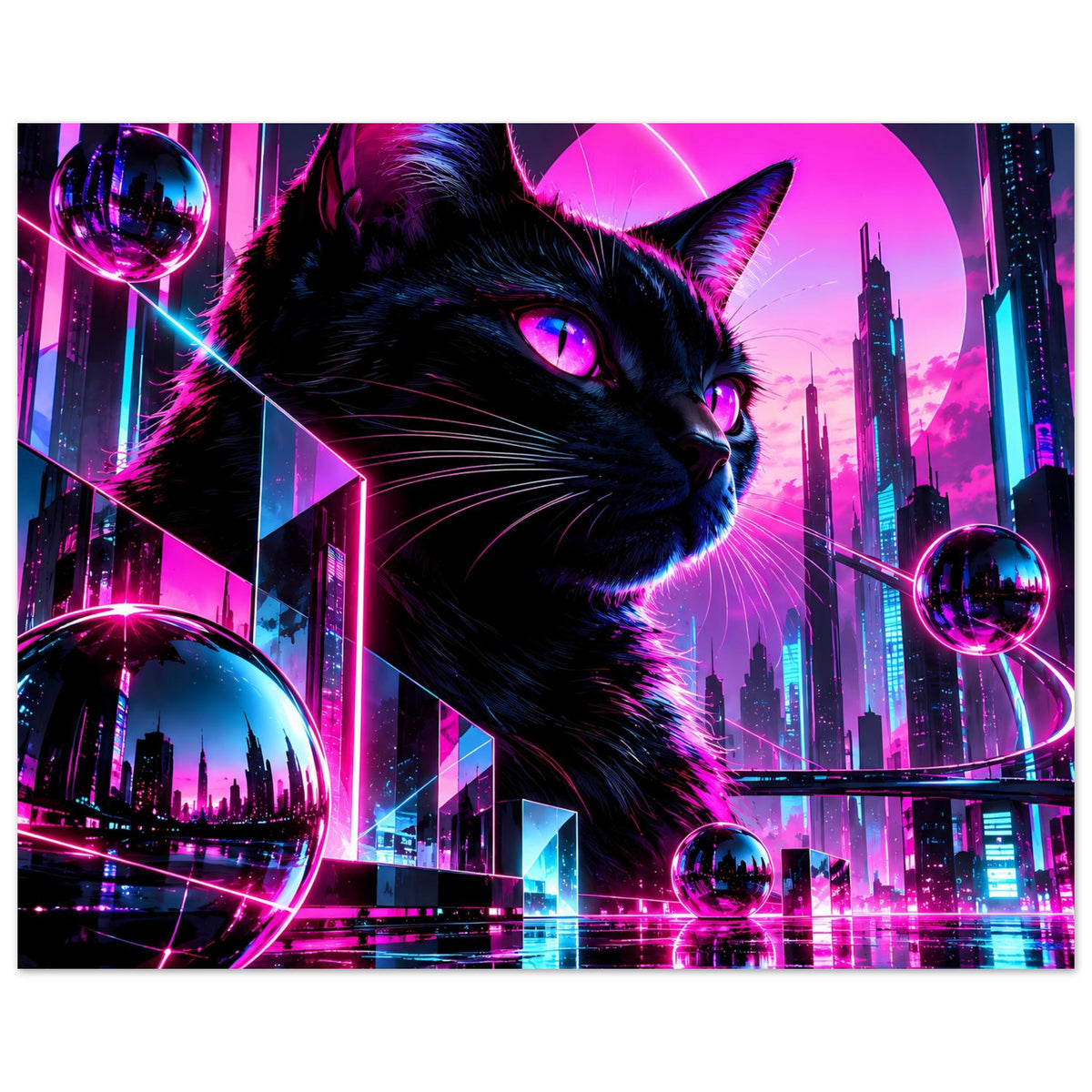 Neonkatzen-Poster im Querformat mit schwarzer Katze, Kugel-Elementen und leuchtenden Linien