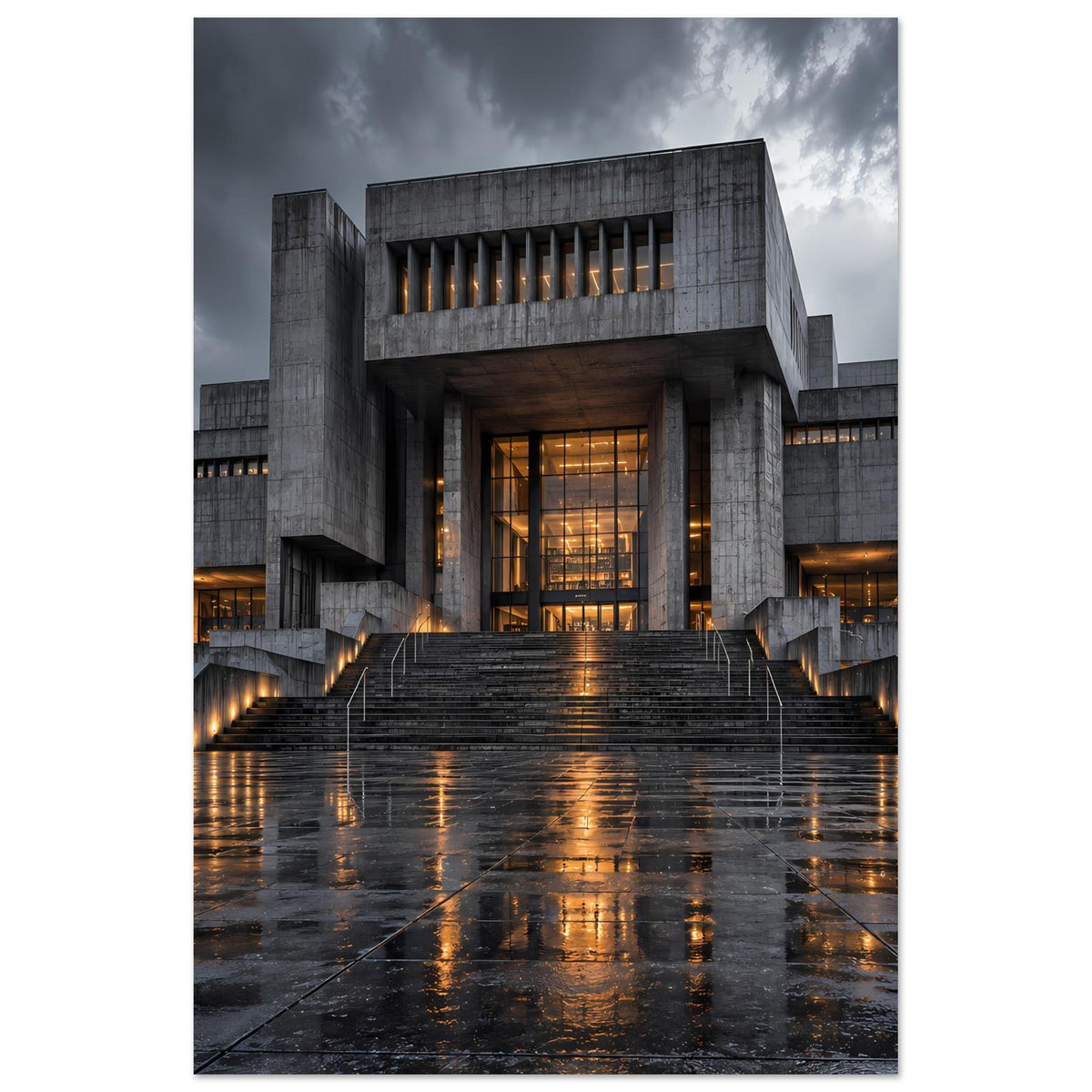 Architekturposter in Hochformat: Betonbauwerk mit warmen Fenstern und beleuchtetem Eingang