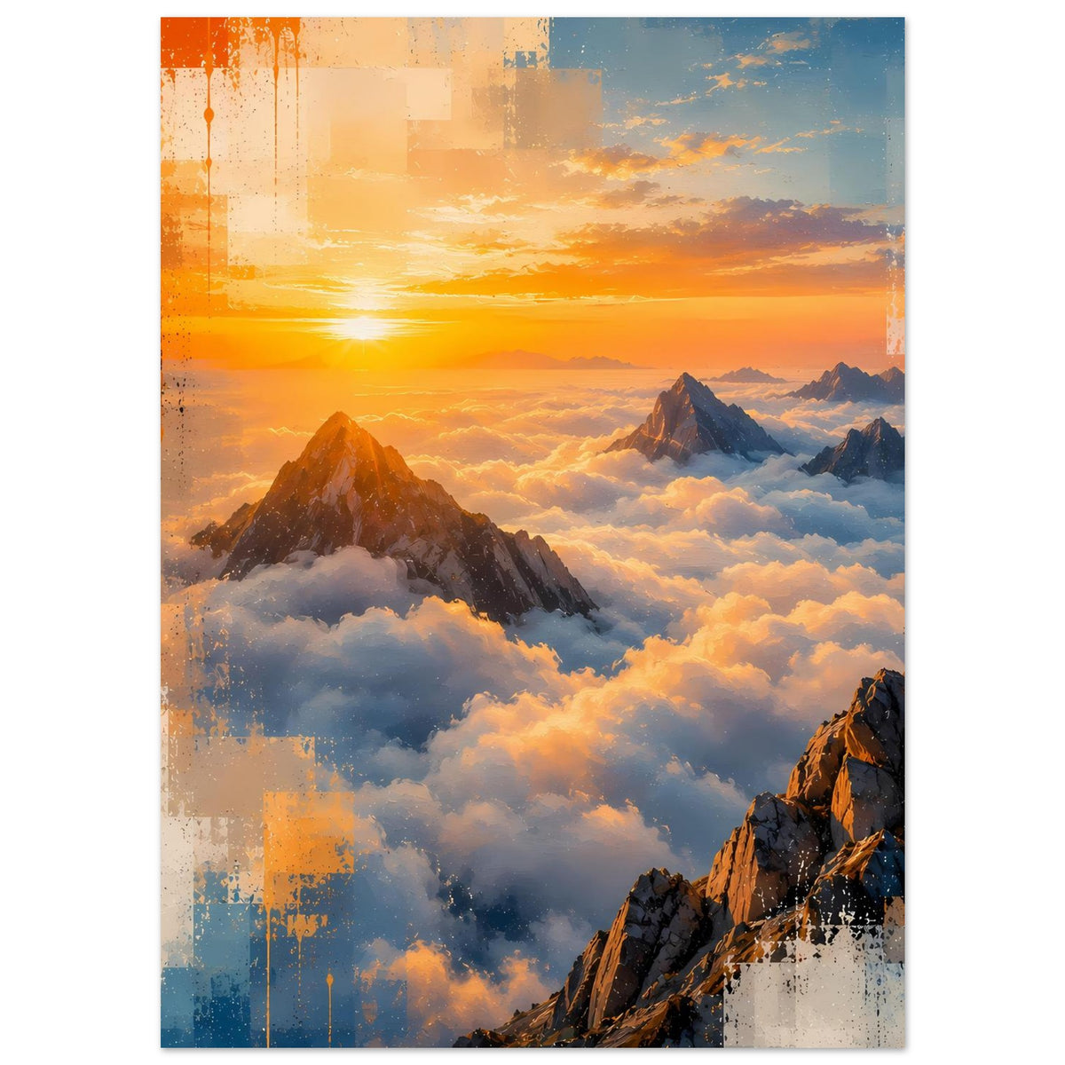 Naturposter im Hochformat mit Sonnenaufgang, Bergkanten und Wolkenfelder