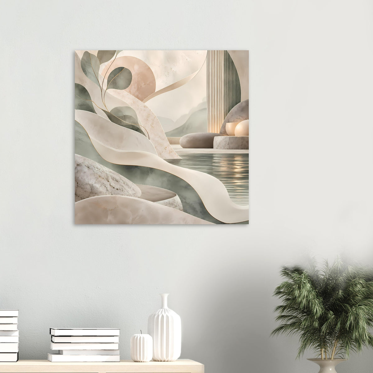Abstraktes Poster mit Sand- und Marmoroptik, beige, grünlich und goldene Linienakzente