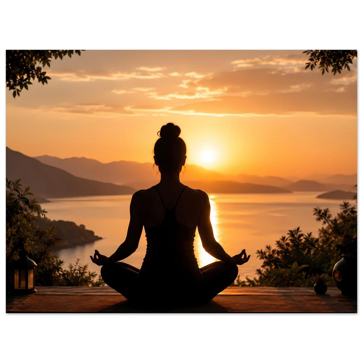 Horizontales Meditationsposter zum Sonnenuntergang mit sitzender Yoga-Silhouette im Lotussitz