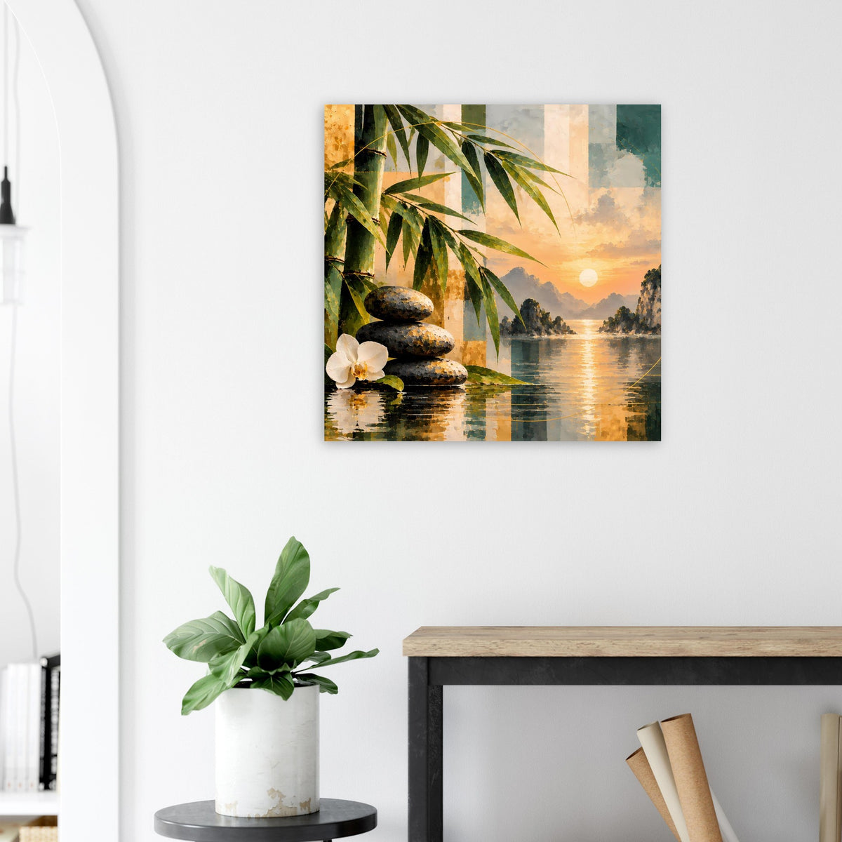 Zen-Poster mit Bambusblättern, Steinsäulen und Sonnenuntergang am Wasser