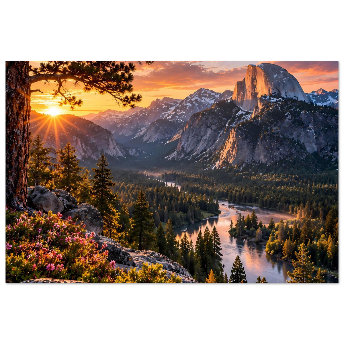 Poster im Querformat mit Sonnenaufgang über Bergtal, Fluss und Nadelwald