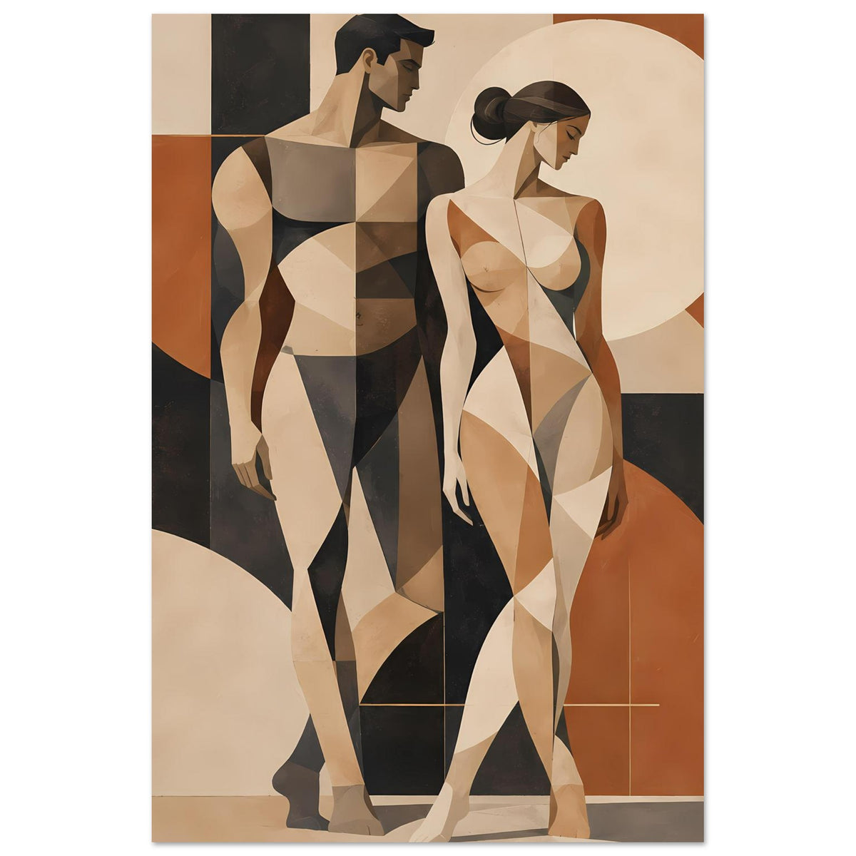Kunstdruck mit Aktpaar im Cubist-Look, in Erdtönen und mit großen Kreisformen