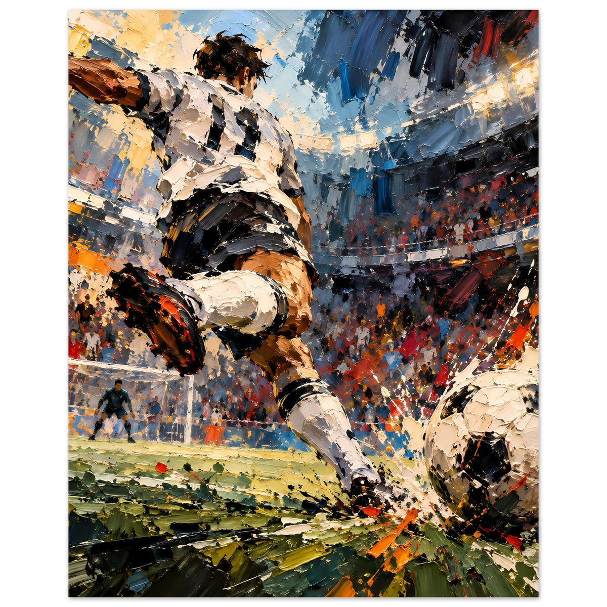 Fußball-Actionposter mit Spielszene: Kicker links, großer Ball rechts, Stadionpublikum