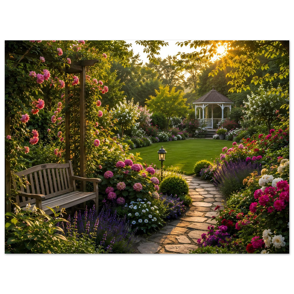 Gartenposter mit Rosenblüten, Gartenbank links, Steinweg und Laterne im Beet
