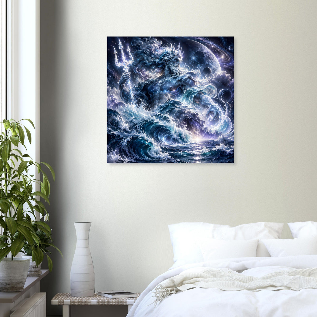 Quadratisches Poster mit blauem Mond- und Ozeanwellenwirbelmotiv über dem Bett