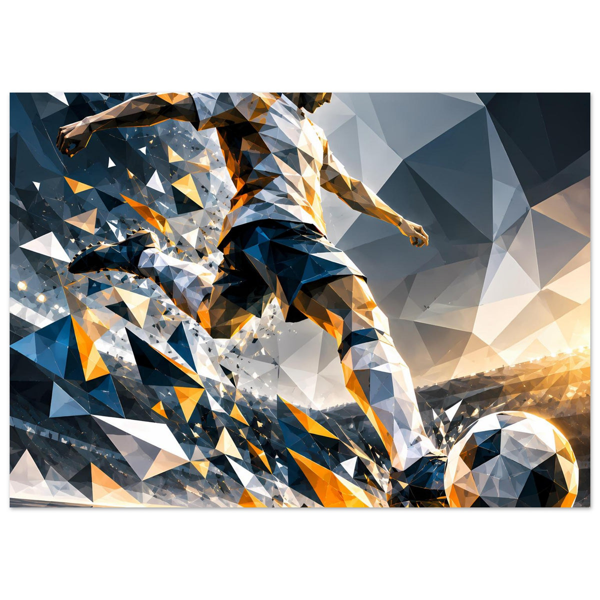 Fußball-Actionposter, geometrische Darstellung eines Fußballers, Ball am unteren rechten Rand, horizontal