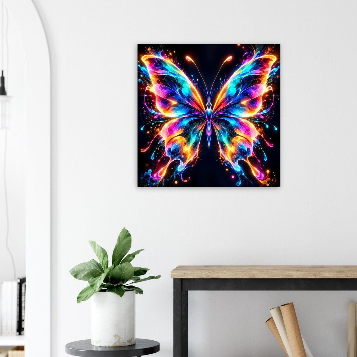 Quadratisches Neon-Schmetterlingsposter mit symmetrischer Form und farbintensiven Lichtern.