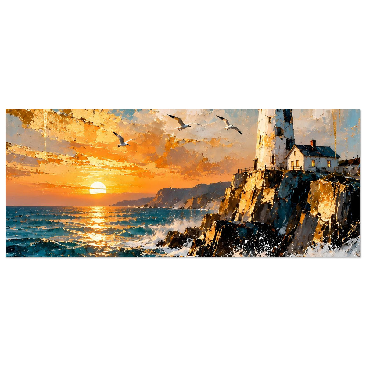 Querformat-Poster mit Leuchtturm, Sonnenuntergang über dem Meer und weißem Gischt