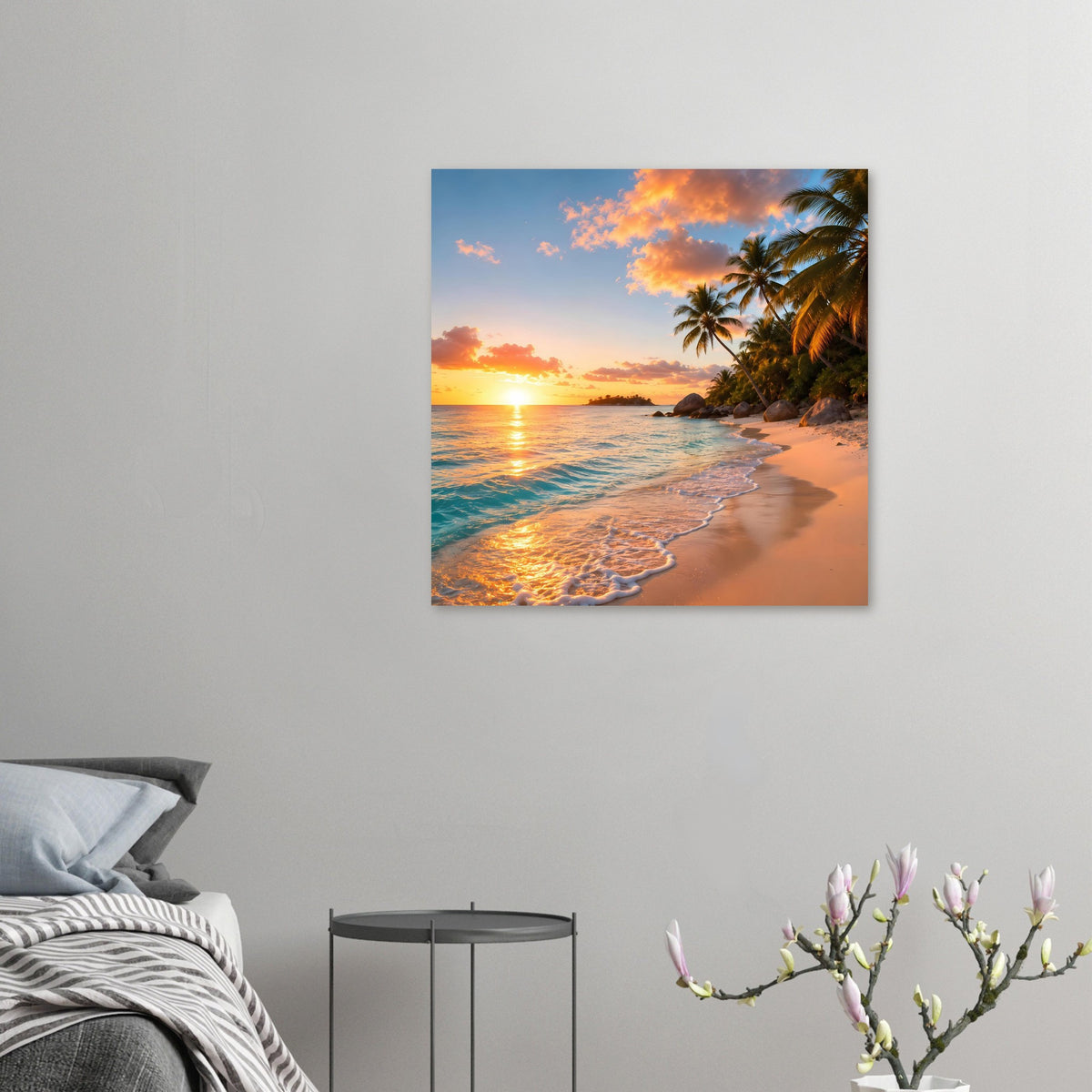Kleines Poster mit Sonnenuntergang am Strand, Palmen und Wellen