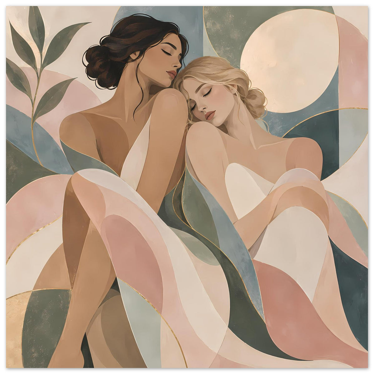 Kunstposter mit zwei Frauenpaaren, harmonische Pastellpalette und goldene Zierelemente