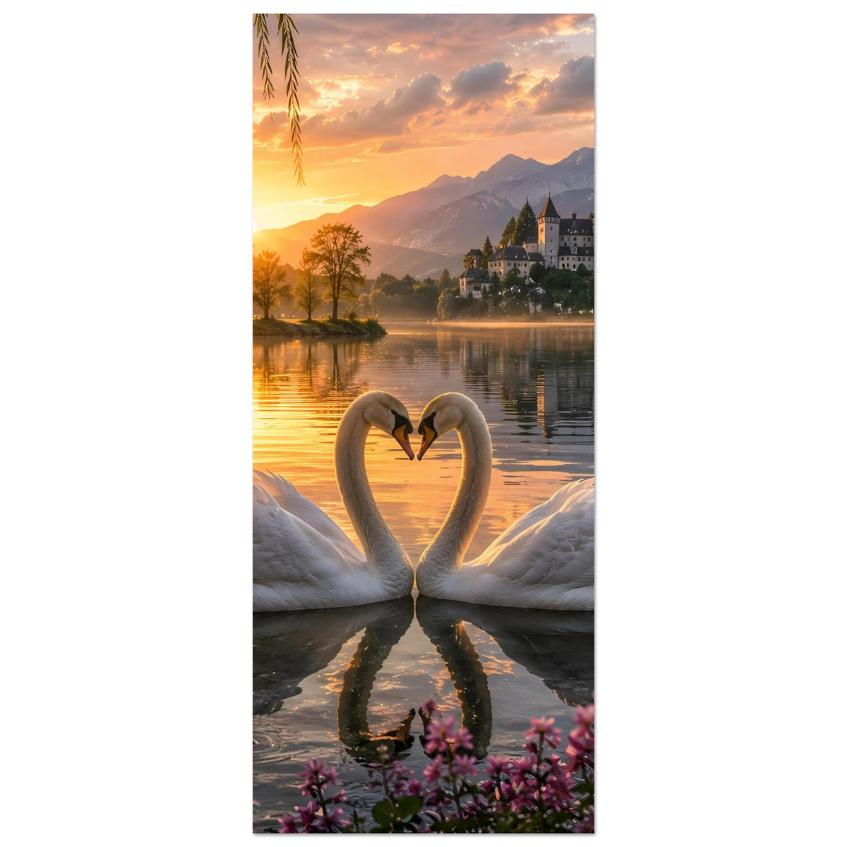 Hochkant-Sonnenuntergangs-Poster: Zwei weiße Schwäne bilden ein Herz auf dem See