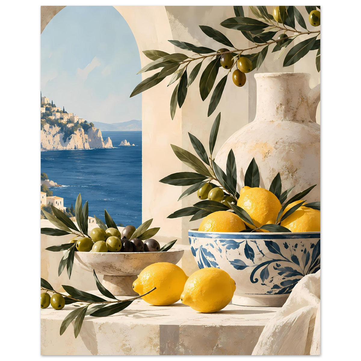 Mediterranes Poster im Hochformat mit Zitronen und Olivenzweigen, Vase und Schale