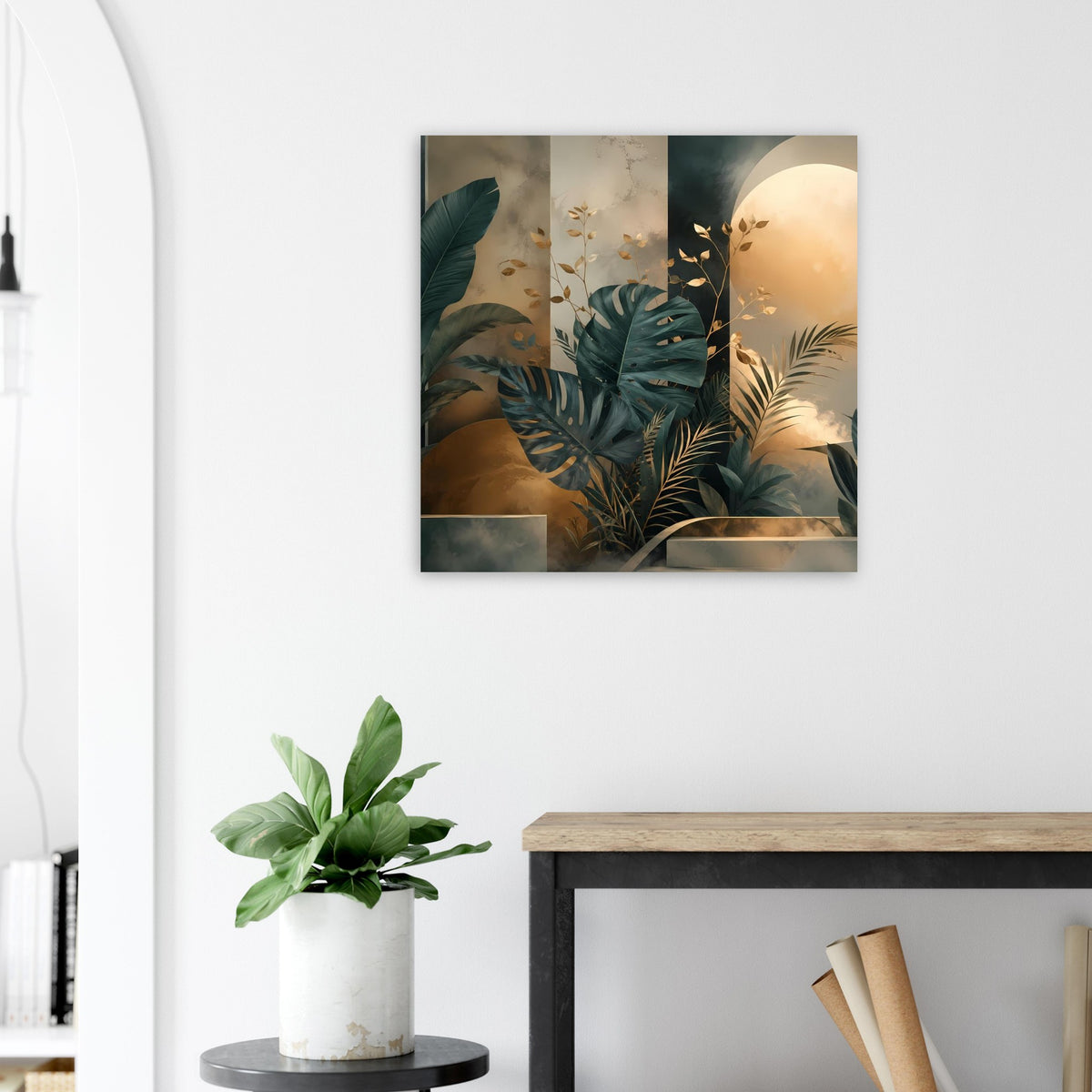 Dreiteiliges Poster mit tropischen Pflanzenblättern, Petrolgrün und goldfarbenen Highlights