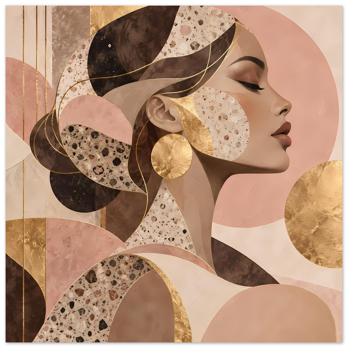 Kunst-Poster mit Frauenprofil-Illustration, erdige Farbfelder und goldene Schmuckelemente