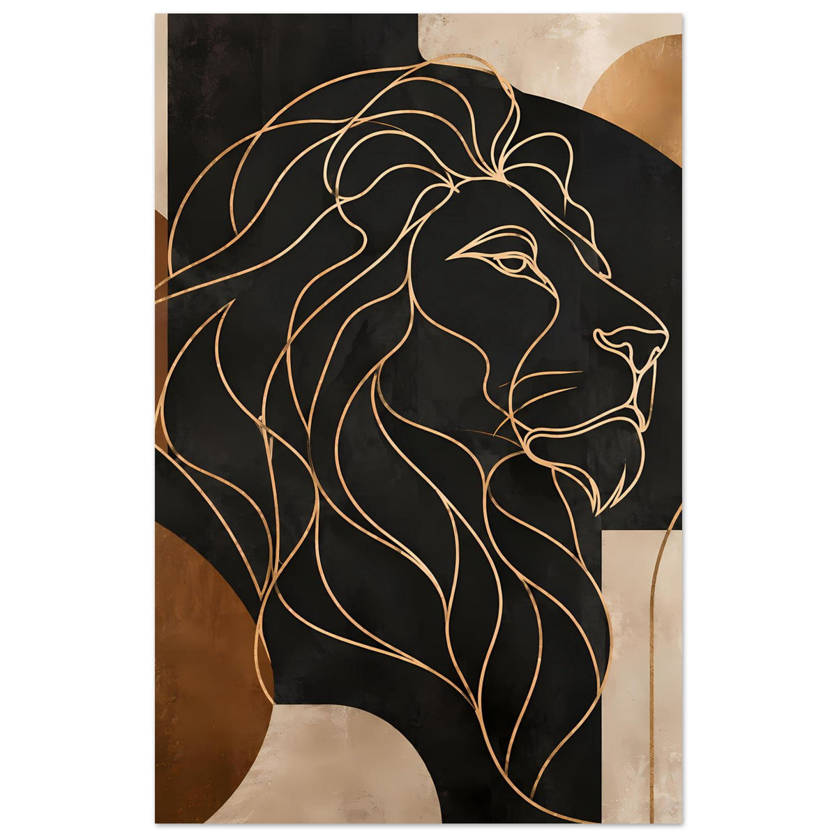 Poster mit Löwenkopf in Gold-Bronze-Linien, geometrische Flächen im Hintergrund