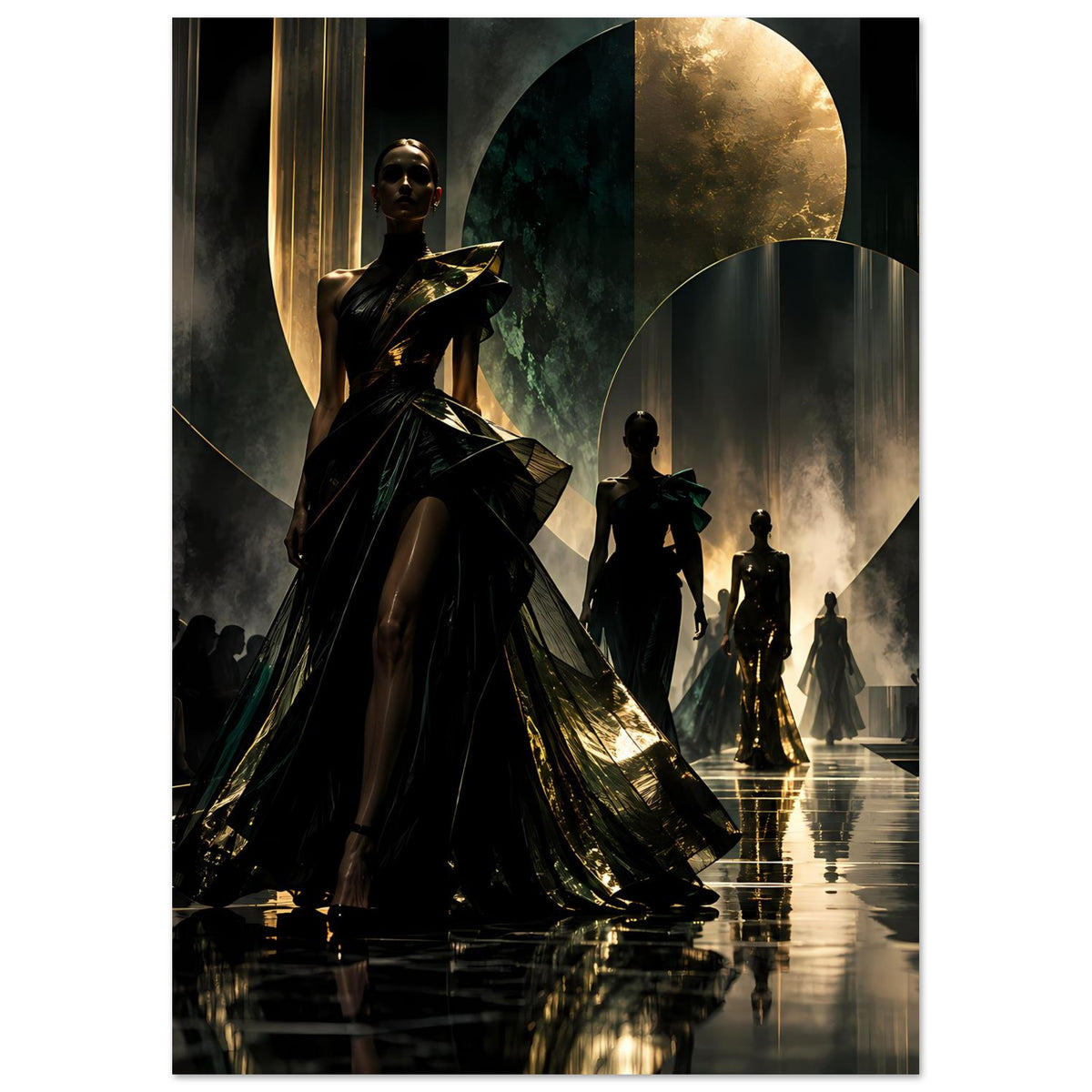 Poster mit Vordergrund-Model im schwarzen, gold schimmernden Kleid und silhouetten im Hintergrund