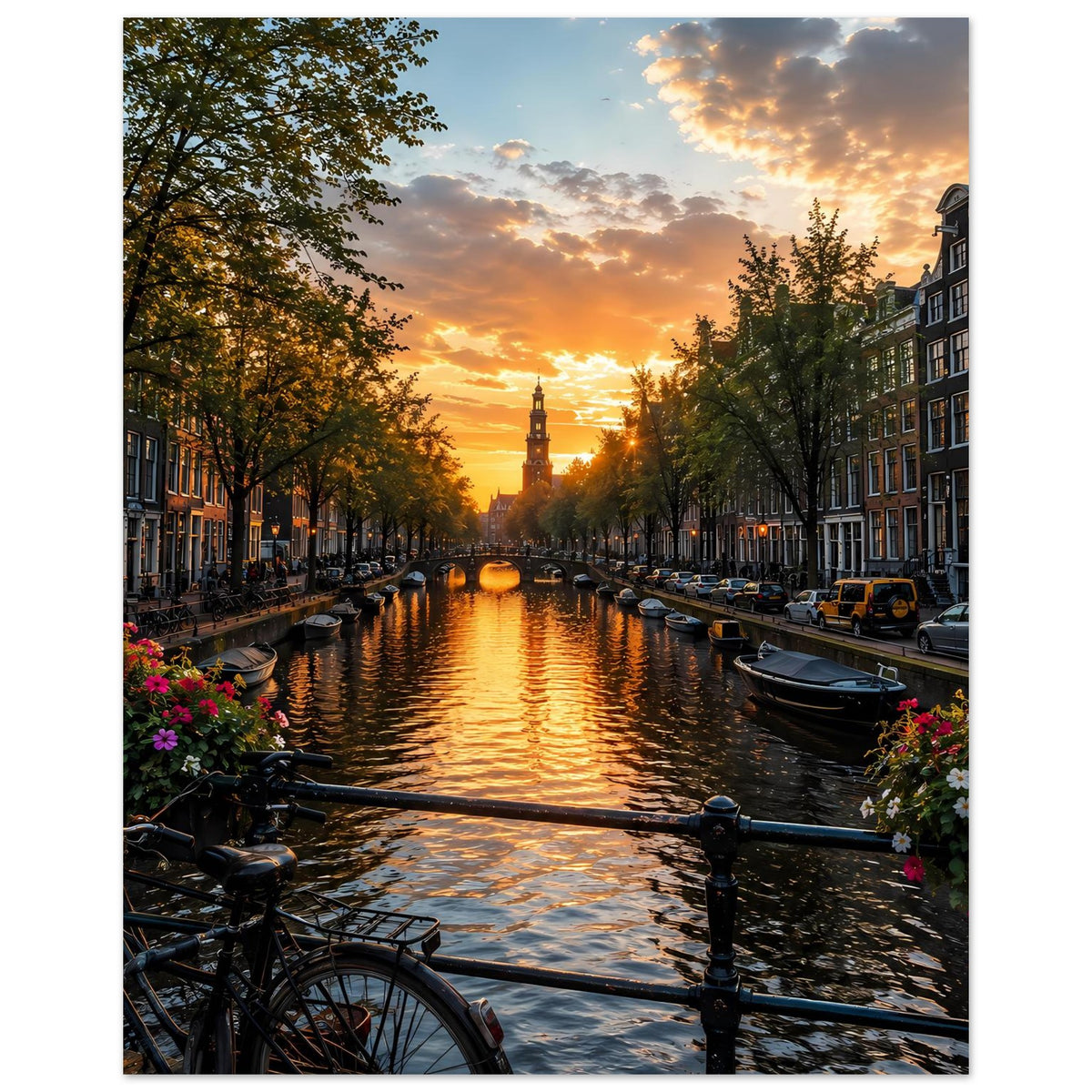 Poster mit Sonnenuntergang am Kanal, Ruderboote, Fahrräder und beidseitige Gebäude