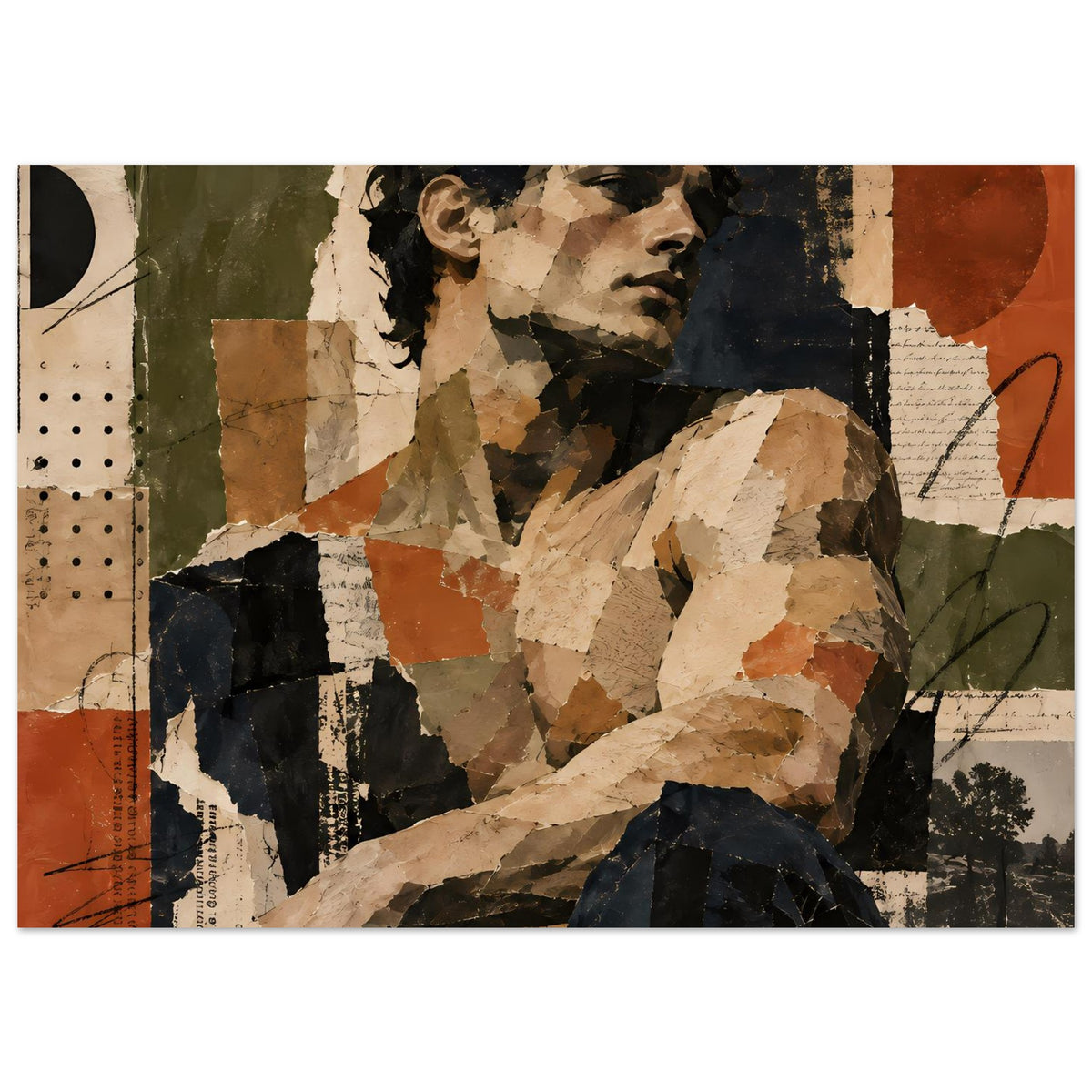 Kunstposter mit Vintage-Collage-Porträt in Erdtönen, horizontale Gesamtansicht.