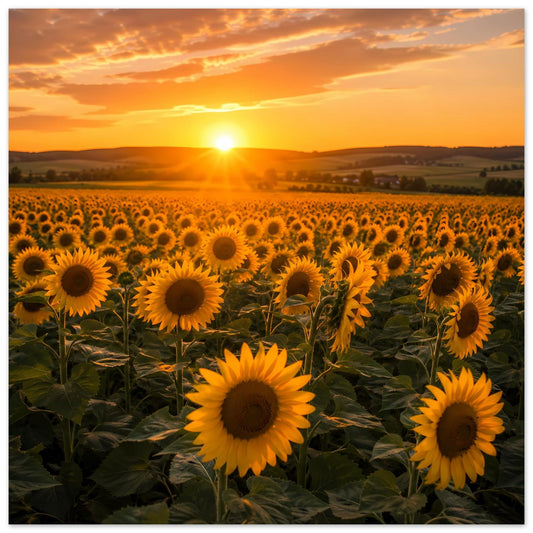 Sonnenblumen-Poster mit Feld voller gelber Blumen und warmem Sonnenuntergang am Horizont