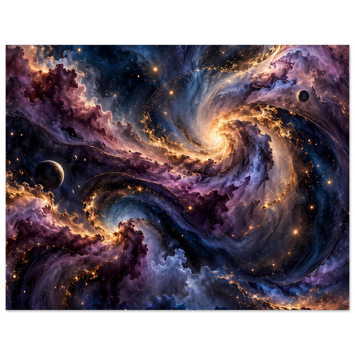 Weltraum-Poster mit Spiralnebel, violetten Gaswolken und hellem Wirbel, leuchtende Partikel, schwarzer Rand