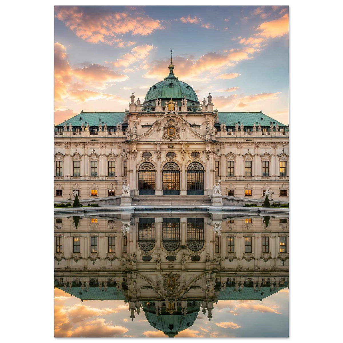Schloss-Poster im Hochformat mit barocker Front, grüner Kuppel und Spiegelung unten