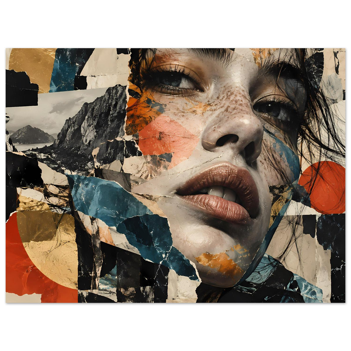 Abstraktes Collage-Porträtposter mit Frauenkopf, Nahansicht, kontrastreiche Blau- und Terrakotta-Töne