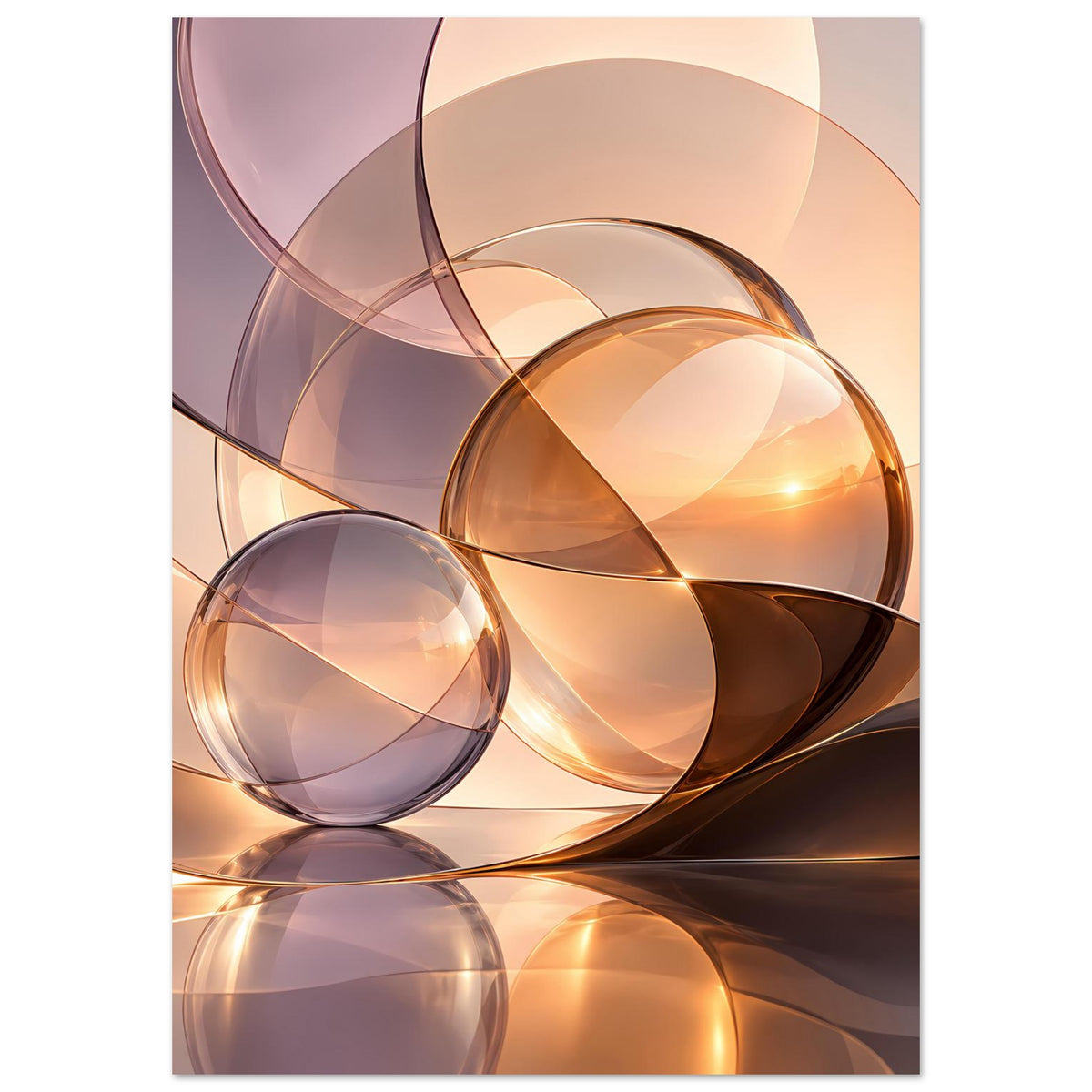 Abstrakter Kunstdruck: große und kleine Glas-Kugeln in warmen Tönen, hochkant
