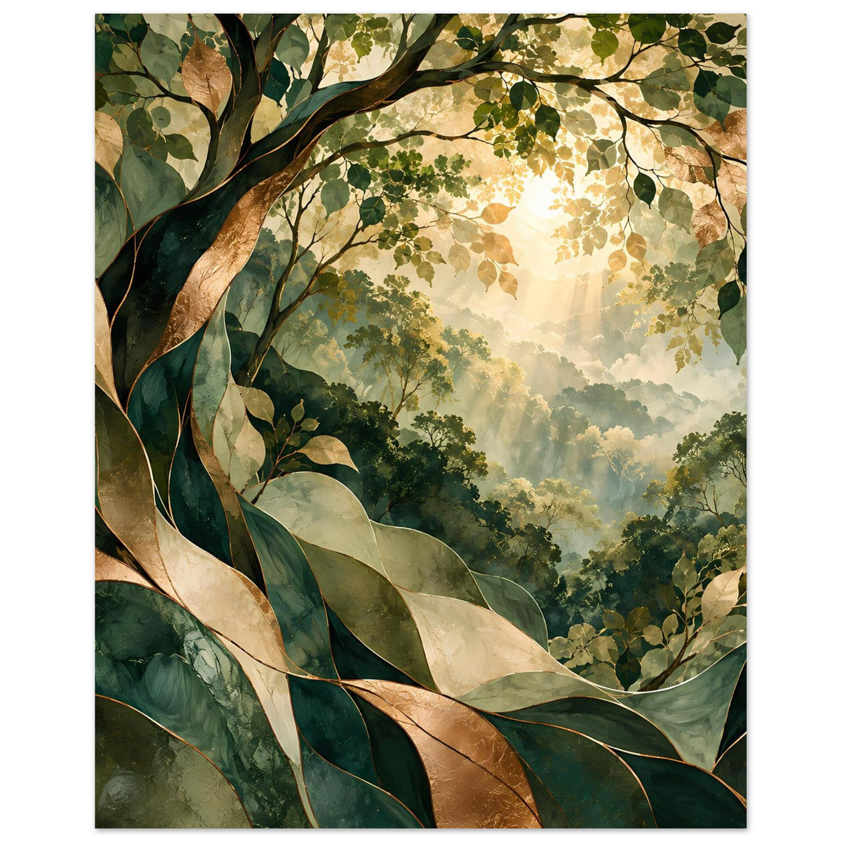 Naturposter (Hochformat) mit großen Blättern, goldbraunen Zweigen und gedämpftem Sonnenlicht.