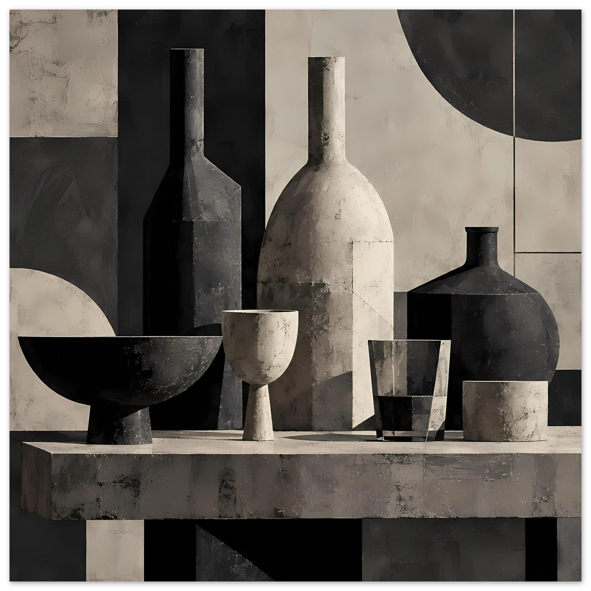 Geometrisches Stillleben-Poster in Schwarz-Weiß mit Vasen, Flaschen und Schalen auf Ablage